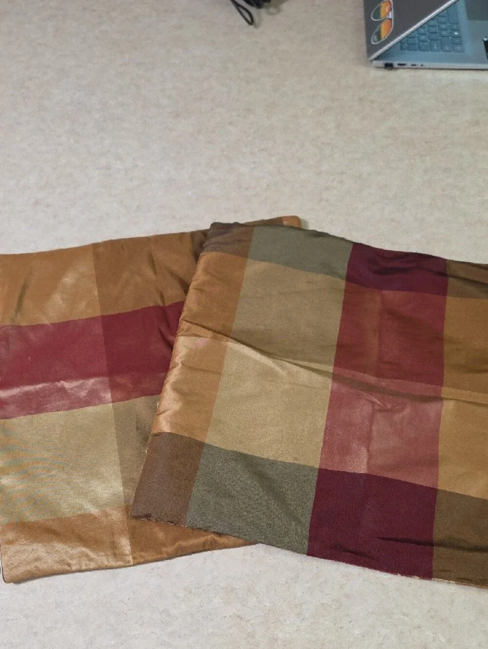 Embroidered Plaid Decorative Pillow Covers in Gold, Burgundy & Olive. 18